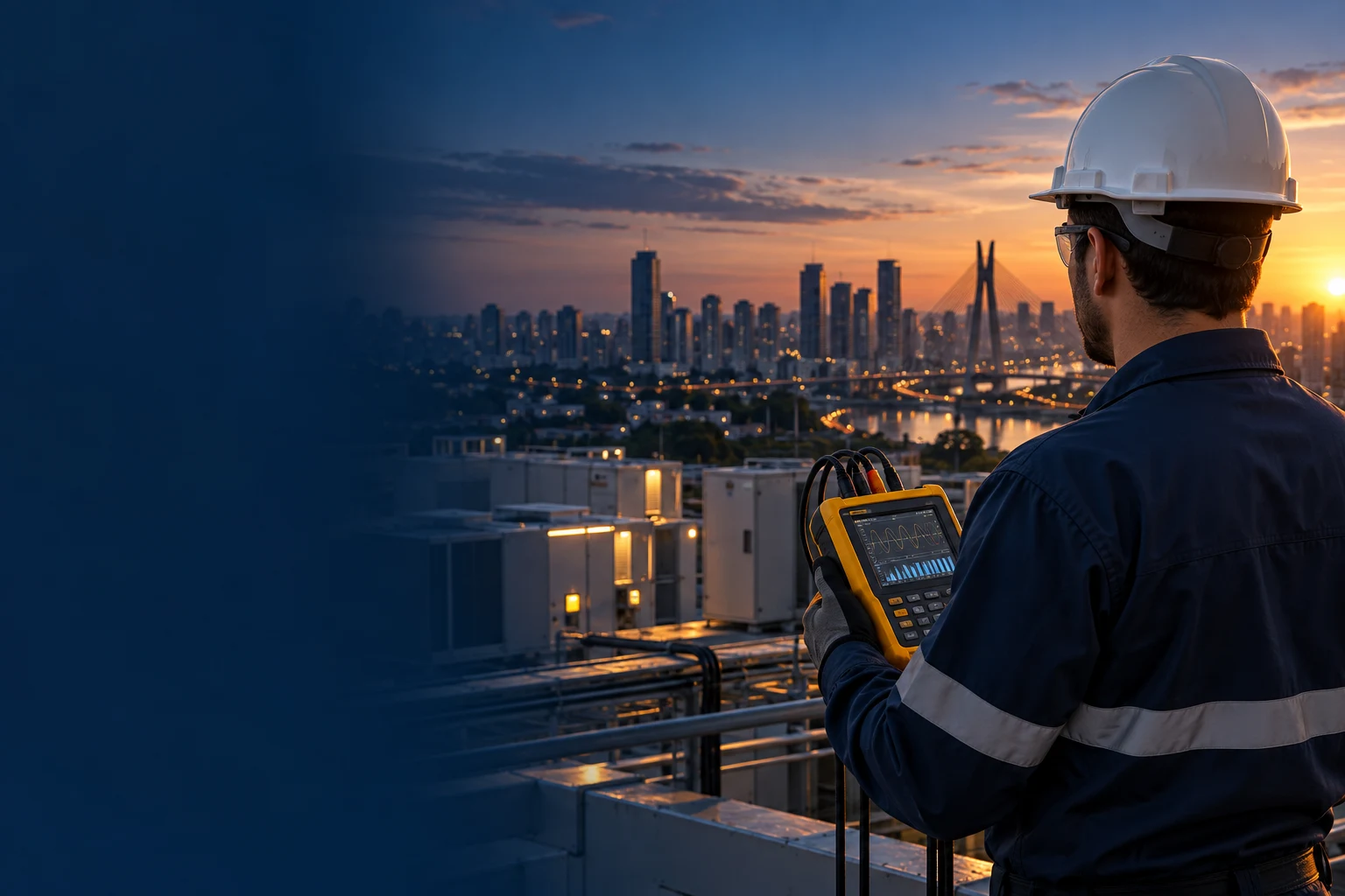 Engenheiro com capacete e analisador de energia diante de um cenário urbano